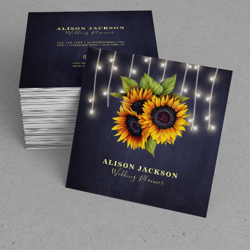 Customizable Rustic sunflowers and lights navy wedding planner square business card