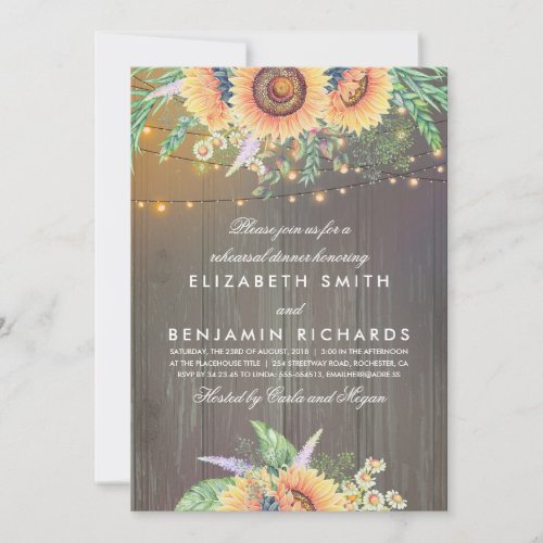 Rustic Sunflowers and Lights Wood Rehearsal Dinner Invitation