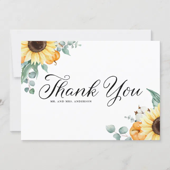 Rustic Sunflowers and Pumpkins Fall Wedding Thank You Card | Zazzle