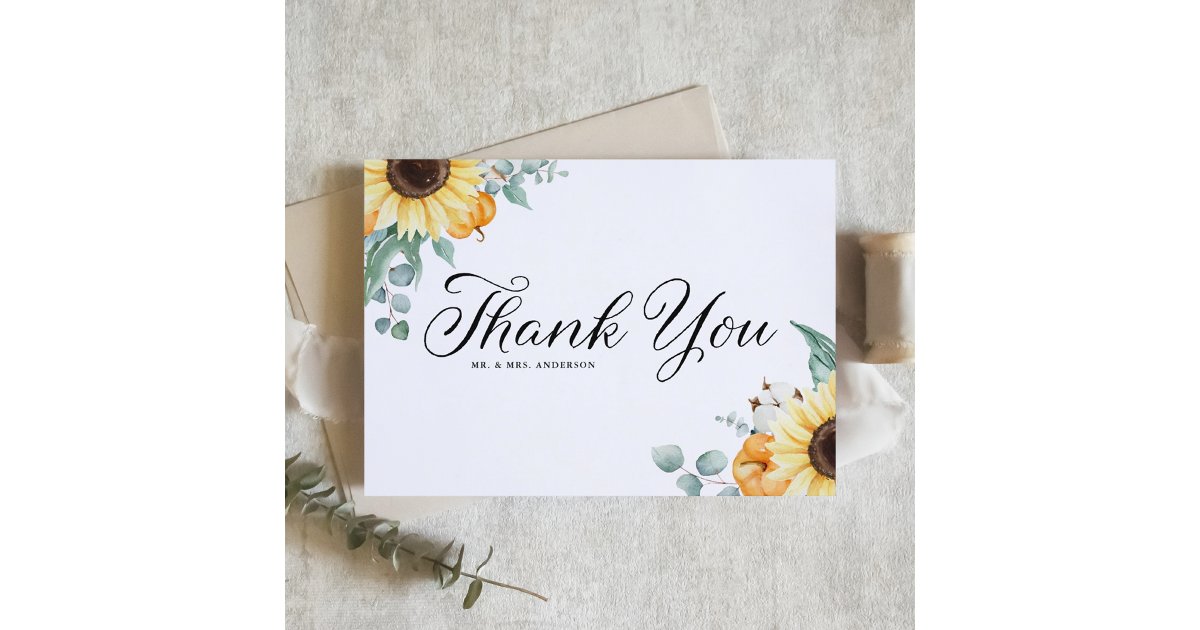 Rustic Sunflowers and Pumpkins Fall Wedding Thank You Card | Zazzle