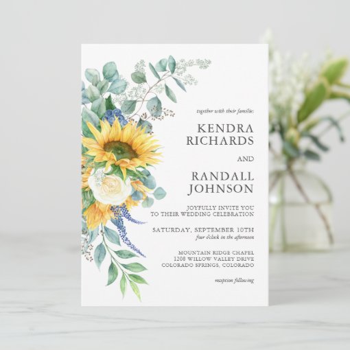Rustic Sunflowers and Roses Floral Wedding Invitation | Zazzle