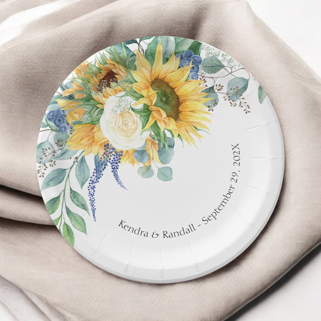 Rustic Sunflowers and Roses Floral Wedding Paper Plates (Creator Uploaded)