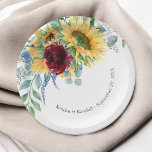 Rustic Sunflowers and Roses Floral Wedding Paper Plates<br><div class="desc">In charming boho style, this lovely wedding paper plate design features a carefree bouquet of yellow sunflowers and burgundy roses with trailing eucalyptus greenery. The style conveys a casual rustic charm and the happiness and joy you feel on your wedding day. Whether your wedding will be held outdoors and in...</div>