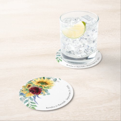 Rustic Sunflowers and Roses Floral Wedding Round P Round Paper Coaster