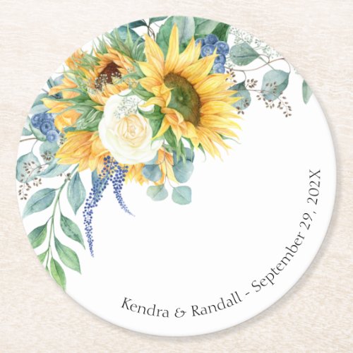 Rustic Sunflowers and Roses Floral Wedding Round Paper Coaster