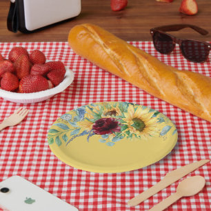 Rustic Sunflowers and Roses Floral Yellow Paper Plates