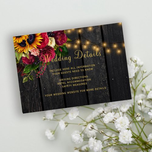 Rustic sunflowers and roses wedding guest details enclosure card