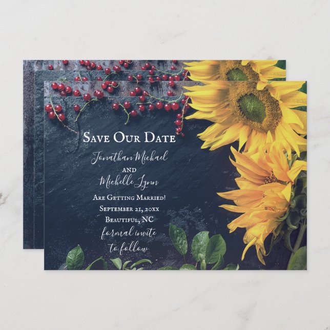 Rustic Sunflowers and Slate Save Our Date Wedding Invitation (Front/Back)
