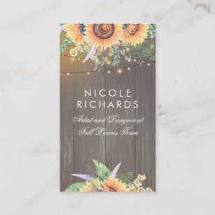 Rustic Sunflowers and String Lights Barn Wood Business Card