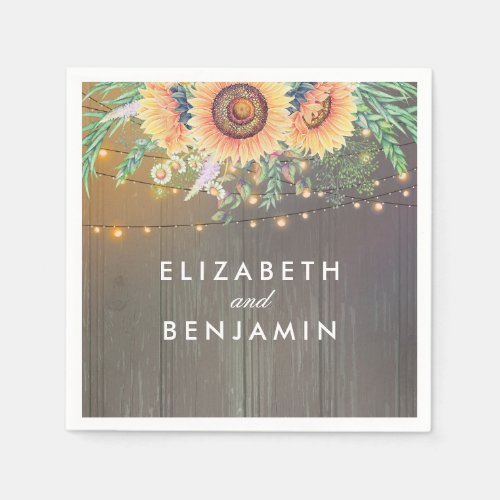 Rustic Sunflowers and String Lights Wood Barn Paper Napkins