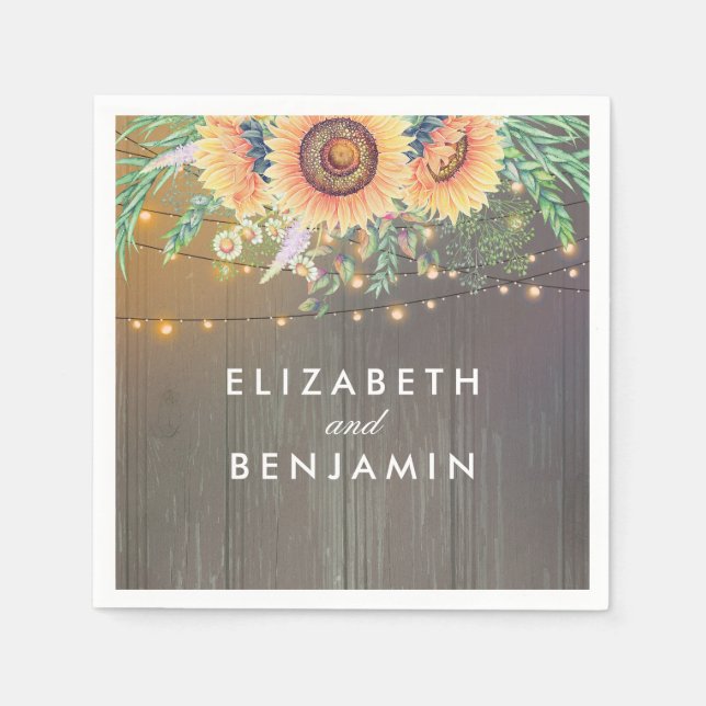 Rustic Sunflowers and String Lights Wood Barn Paper Napkins (Front)