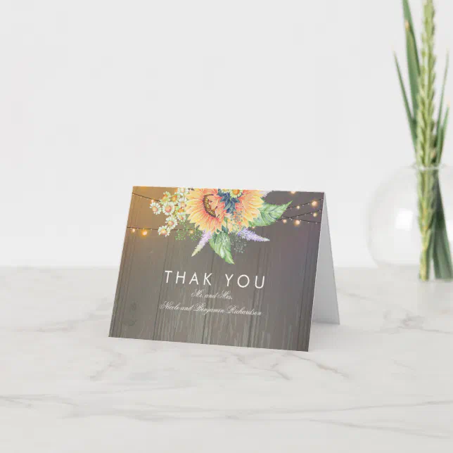 Rustic Sunflowers and String Lights Wood Thank You Card | Zazzle
