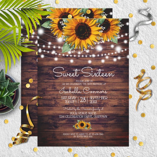 Rustic Sunflowers and Twinkle Lights Sweet 16 Invitation (Creator Uploaded)
