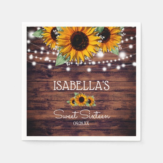 Rustic Sunflowers and Twinkle Lights Sweet Sixteen Napkins (Front)