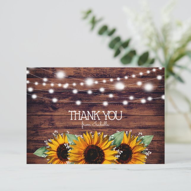 Rustic Sunflowers and Twinkle Lights Thank You Card (Standing Front)