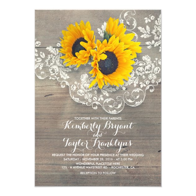 Rustic Sunflowers And Vintage Floral Lace Wedding Invitation