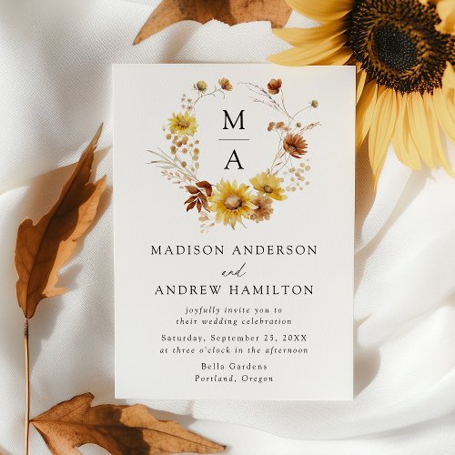 Rustic Sunflowers and Wildflowers Monogram Wedding Invitation