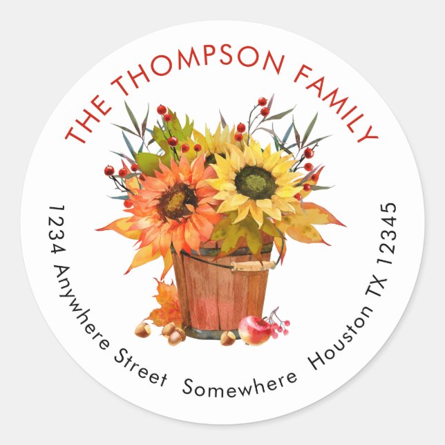 Rustic Sunflowers Autumn Name Return Address Classic Round Sticker (Front)