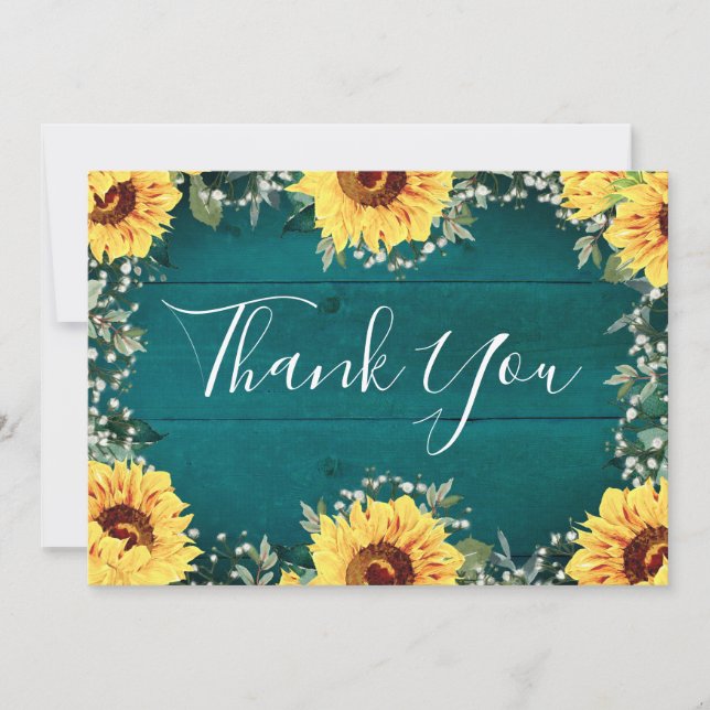 Rustic Sunflowers Babys Breath Border Teal Wedding Thank You Card (Front)