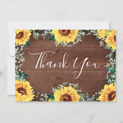Rustic Sunflowers Babys Breath Border Wedding Thank You Card