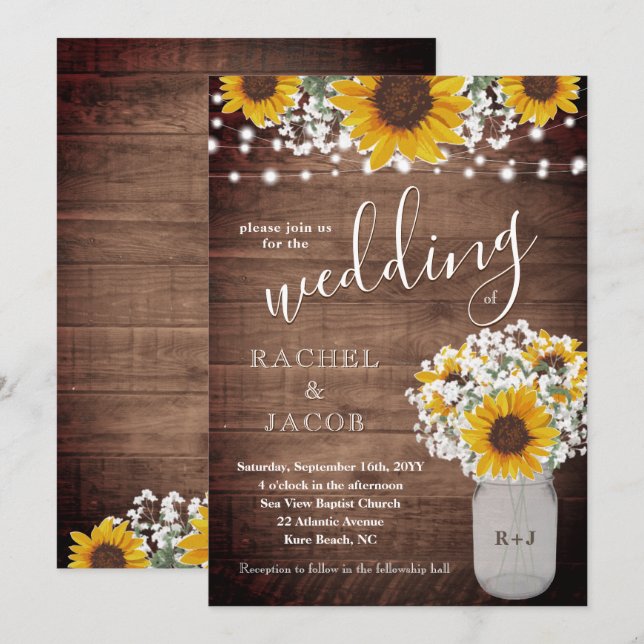 Rustic Sunflowers Babys Breath Jar Lights Wedding Invitation (Front/Back)