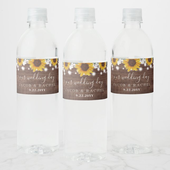 Rustic Sunflowers Baby's Breath Jar Lights Wedding Water Bottle Label (Bottles)