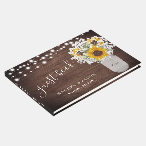 Rustic Sunflowers Babys Breath Jar Photo Wedding Guest Book