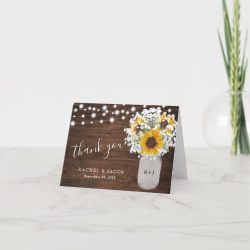 Rustic Sunflowers Babys Breath Jar Photo Wedding Thank You Card