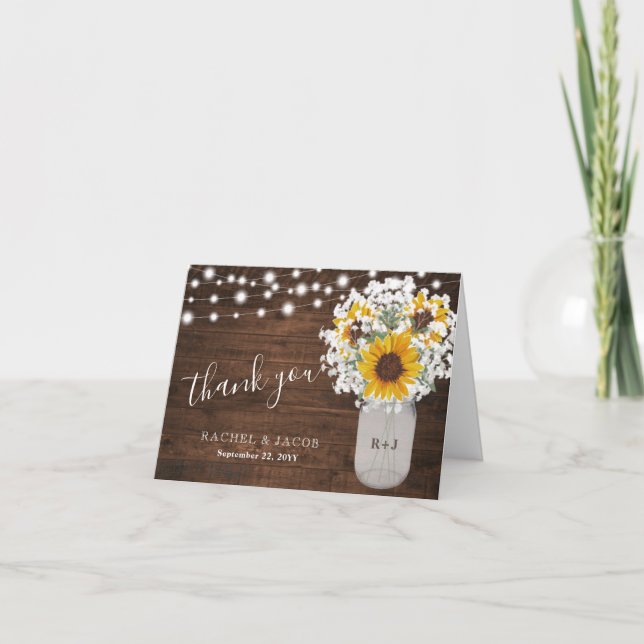 Rustic Sunflowers Baby's Breath Jar Photo Wedding Thank You Card (Front)