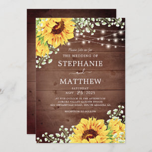 Rustic Sunflowers Babys Breath Lights Wedding Invitation