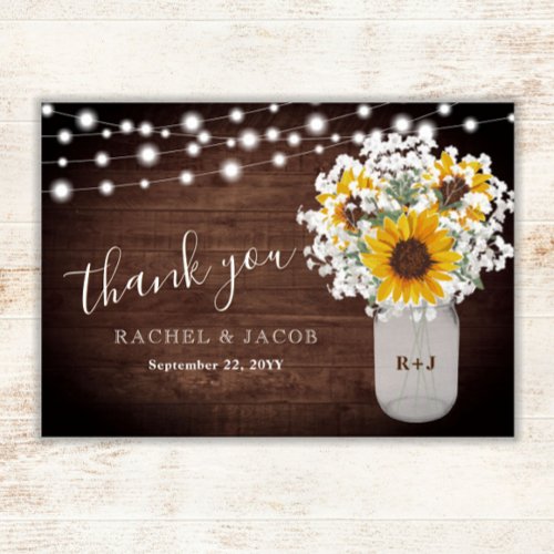 Rustic Sunflowers Babys Breath Mason Jar Wedding Thank You Card