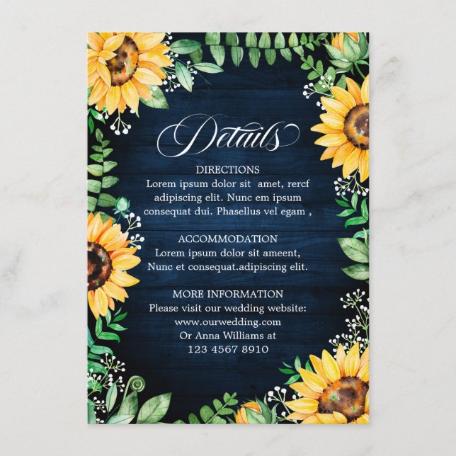 Rustic Sunflowers Baby's Breath Navy Blue Details Enclosure Card (Front)