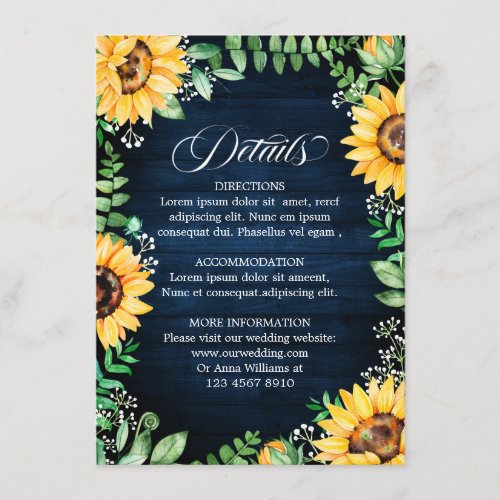 Rustic Sunflowers Babys Breath Navy Blue Details Enclosure Card