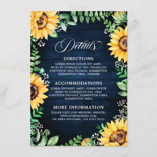 Rustic Sunflowers Babys Breath Navy Blue Details Enclosure Card