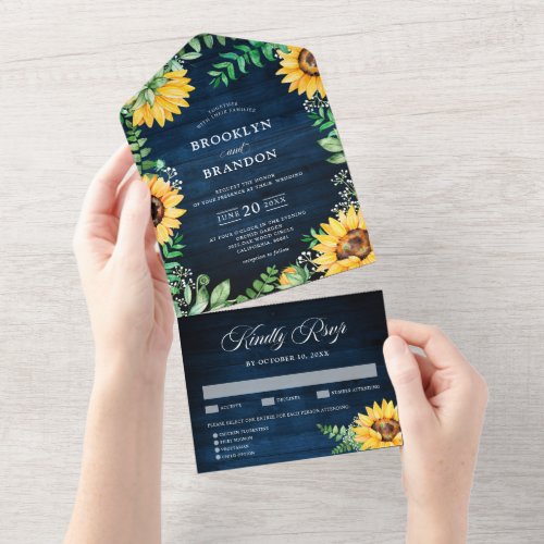 Rustic Sunflowers Babys Breath Navy Blue Wedding  All In One Invitation