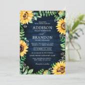 Rustic Sunflowers Baby's Breath Navy Blue Wedding Invitation (Standing Front)