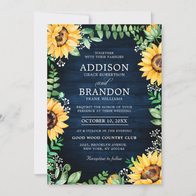 Rustic Sunflowers Baby's Breath Navy Blue Wedding Invitation (Front)
