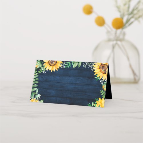 Rustic Sunflowers Babys Breath Navy Blue Wedding Place Card