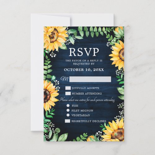 Rustic Sunflowers Babys Breath Navy Blue Wedding  RSVP Card