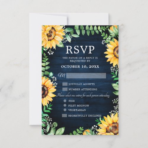 Rustic Sunflowers Babys Breath Navy Blue Wedding RSVP Card