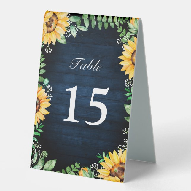 Rustic Sunflowers Baby's Breath Navy Blue Wedding  Table Tent (Front)