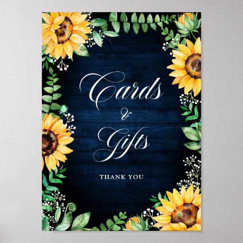Rustic Sunflowers Babys Breath Navy Cards  Gifts Poster