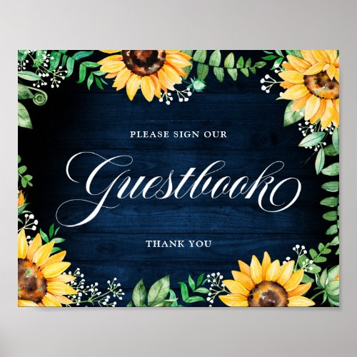 Rustic Sunflowers Babys Breath Navy Guestbook