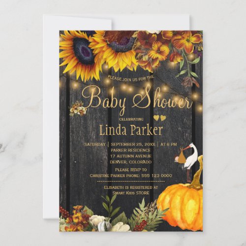 Rustic sunflowers barn wood autumn baby shower invitation