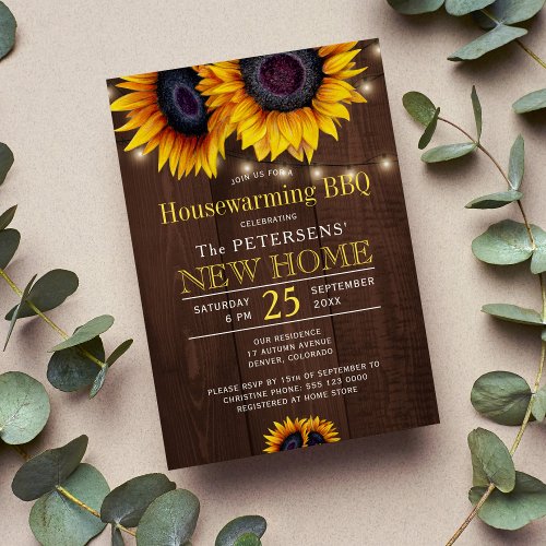 Rustic sunflowers barn wood housewarming bbq invitation