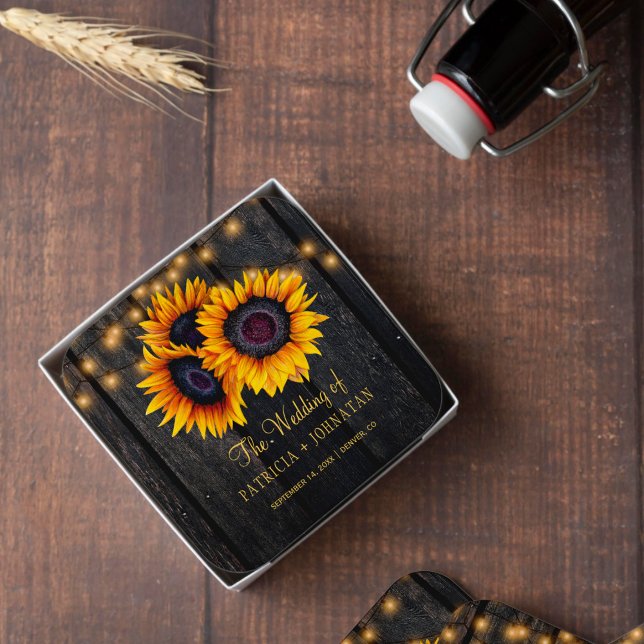 Rustic sunflowers barn wood lights wedding favor glass coaster (Creator Uploaded)