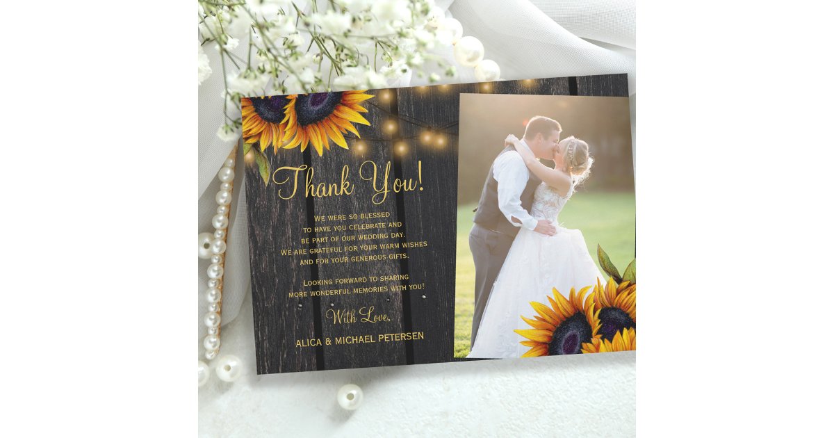 Rustic sunflowers barn wood photo wedding thank you card | Zazzle