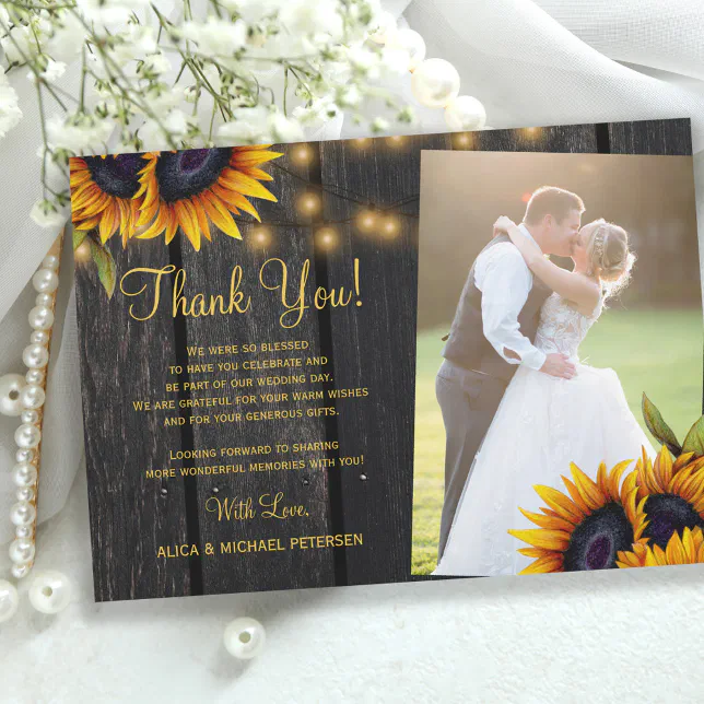 Rustic sunflowers barn wood photo wedding thank you card | Zazzle