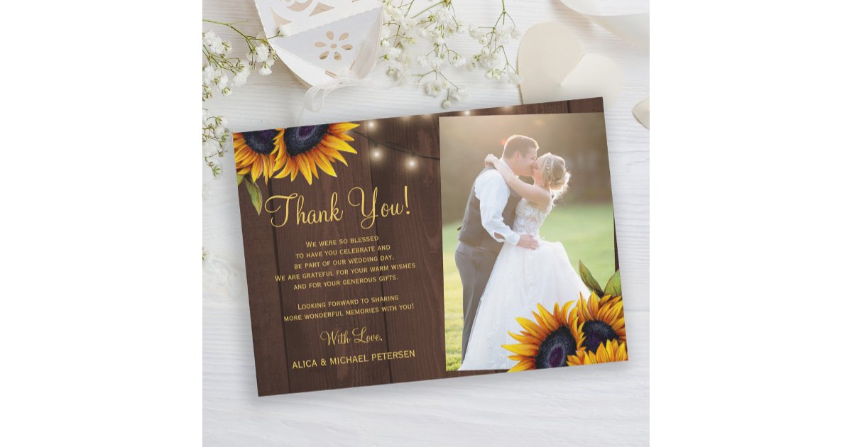 Rustic sunflowers barn wood photo wedding thank you card | Zazzle