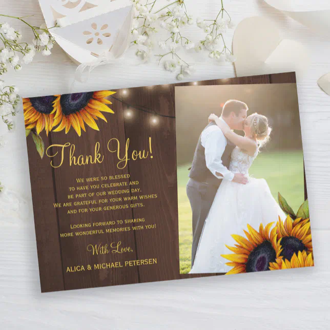 Rustic sunflowers barn wood photo wedding thank you card | Zazzle